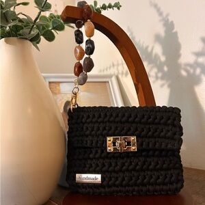 Chic Black Handmade Bag with Stone Handle